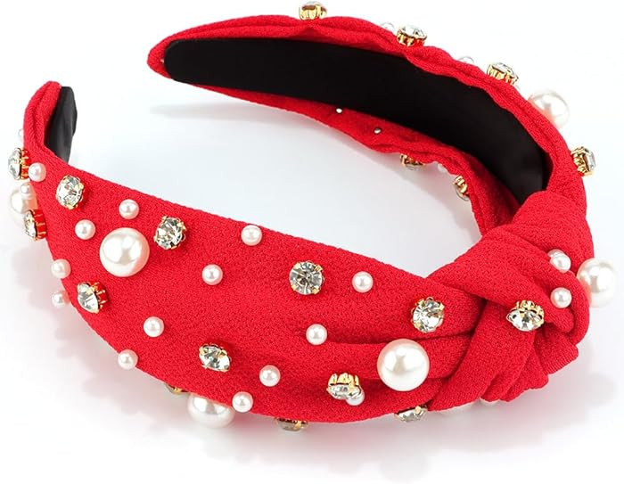 AHONEY Pearl Headband - Red Knotted Headband for Women & Girls, Rhinestone Top Knot Crystal Headp... | Amazon (US)