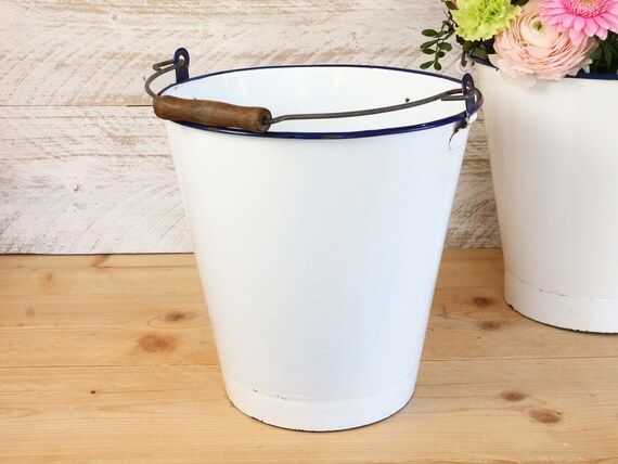Vintage European White Enamel Bucket With Wooden Handle White - Etsy Canada | Etsy (CAD)