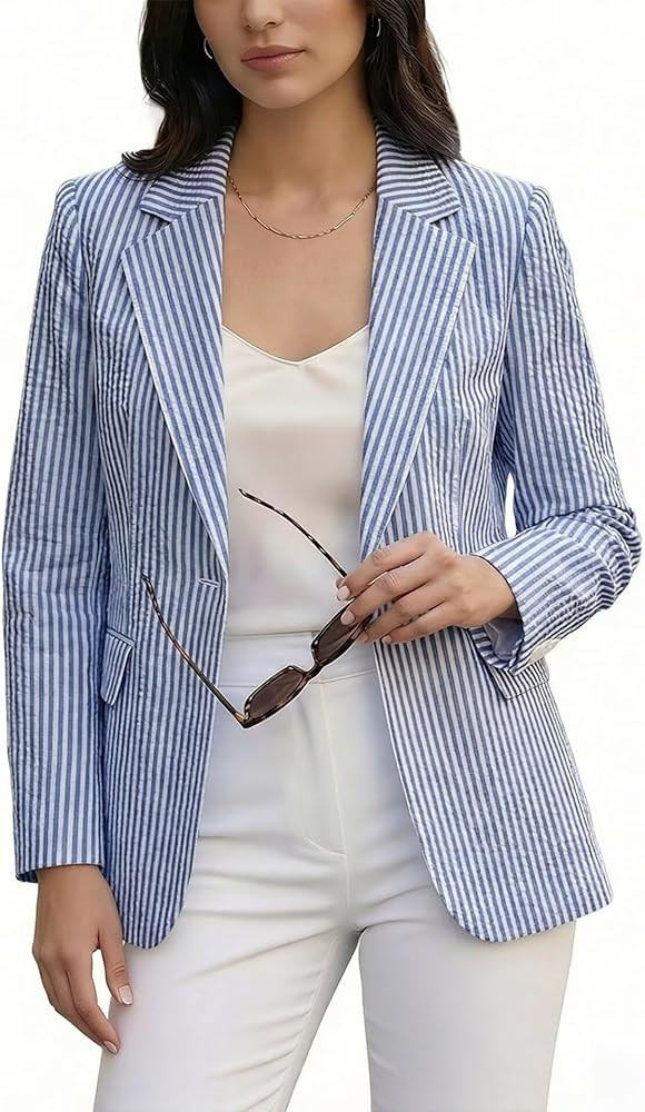 Women's Seersucker Stripes Blazer for Work Office Long Sleeve Lightweight Business Jackets Summer... | Amazon (US)