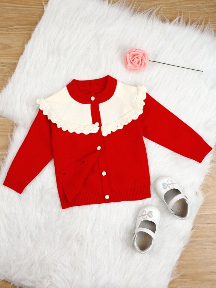 Baby Girls' Color Block Open Front Cardigan With Ruffle Detail And Raglan Sleeve | SHEIN