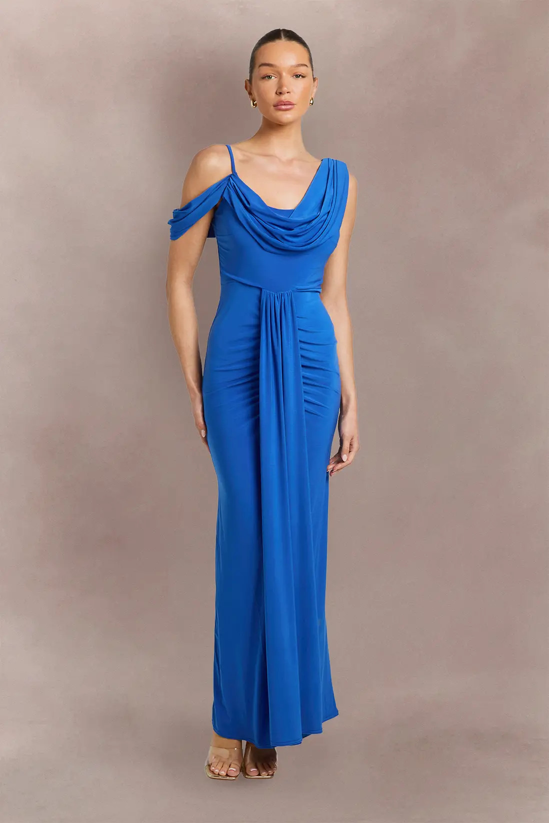 Royal Double Layer Slinky Drape Front Cold Shoulder Maxi Dress | Boohoo | Boohoo.com (UK & IE)