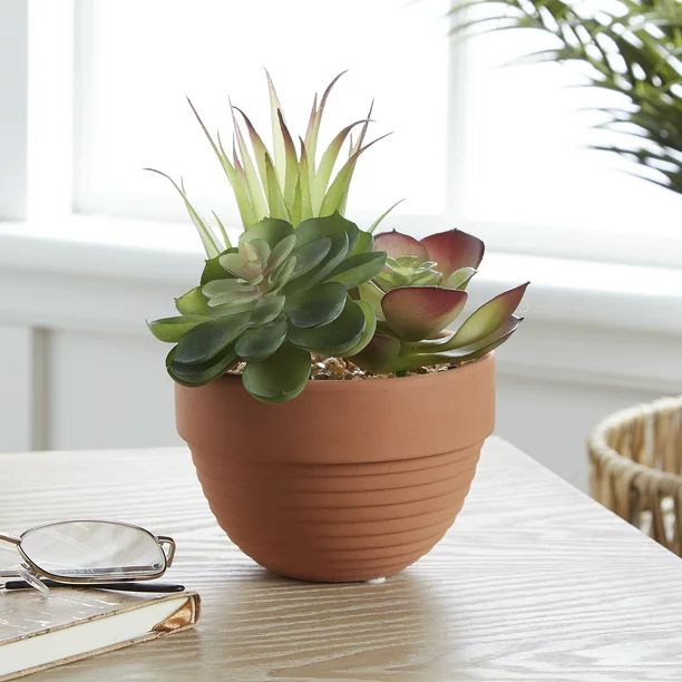 Simple Faux Potted Succulent Variety in Matte Terra Cotta Finished Ceramic Pot | Walmart (US)