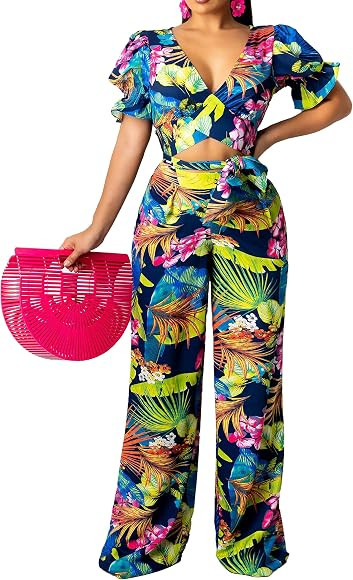 Women's Elegant Two Piece Outfits Sexy V Neck Off Shoulder Long Straight Pants Floral Jumpsuits | Amazon (US)
