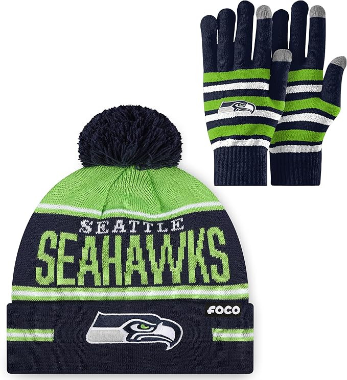 FOCO NFL unisex-adult Nfl Team Logo Adult Stretch Gloves With Big Wordmark Strip Pom Knit Hat Bea... | Amazon (US)
