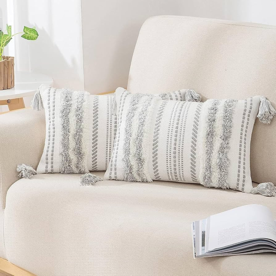 decorUhome Decorative Boho Throw Pillow Covers 12x20 Set of 2, Lumbar Accent Neutral Tufted Pillo... | Amazon (US)
