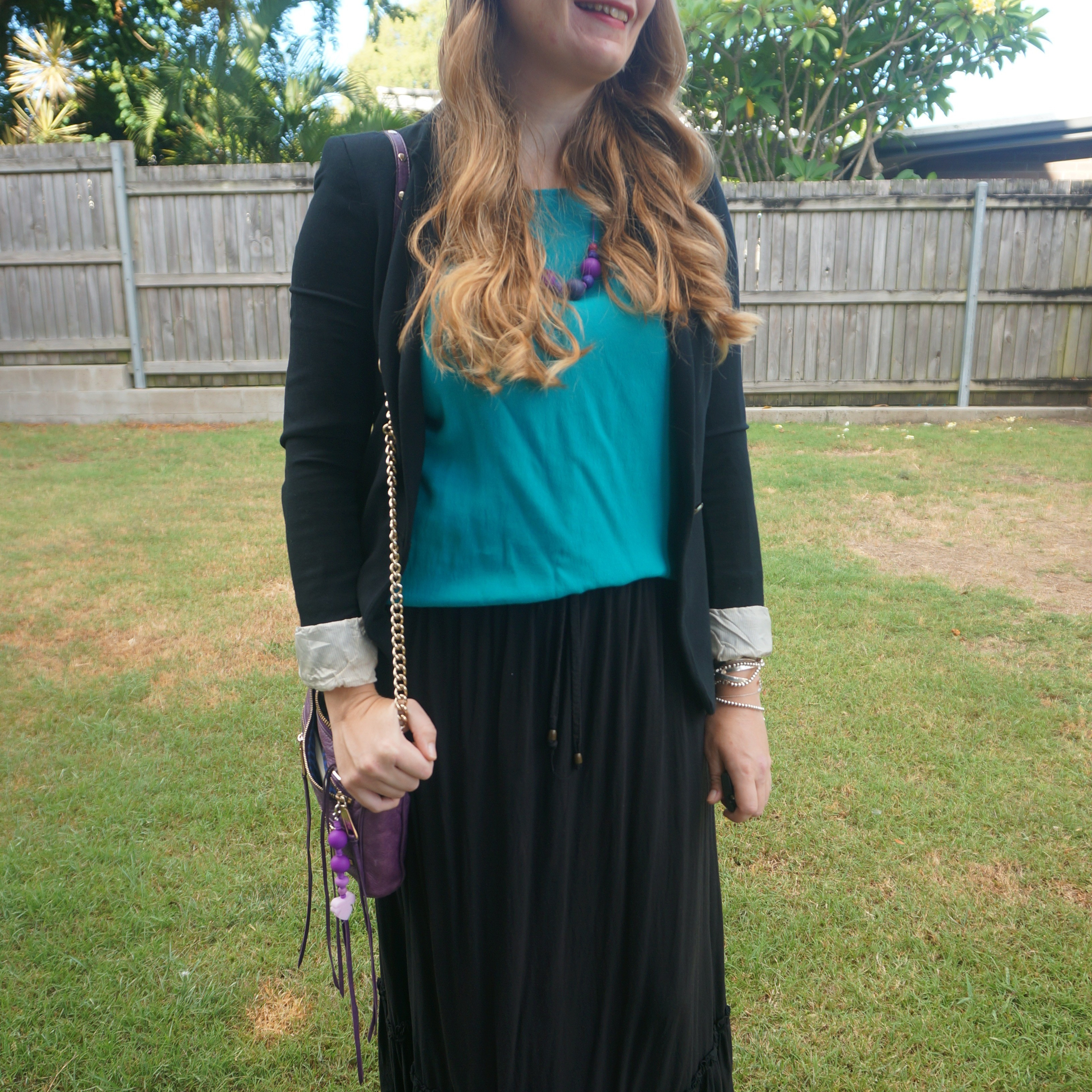 Black blazer and maxi skirt with blue tank and purple Rebecca Minkoff mini 5-zip bag 💜

#LTKworkwear #LTKbag #LTKaustralia