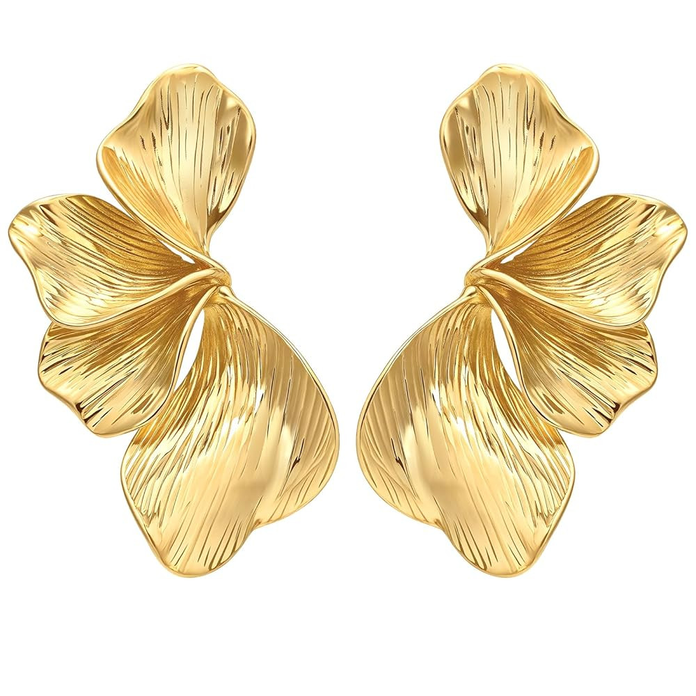 Womens Floral Gold Studs Earrings - 14K Gold Plated Earring,Personality Summer Big Flower Stud,Hy... | Amazon (US)