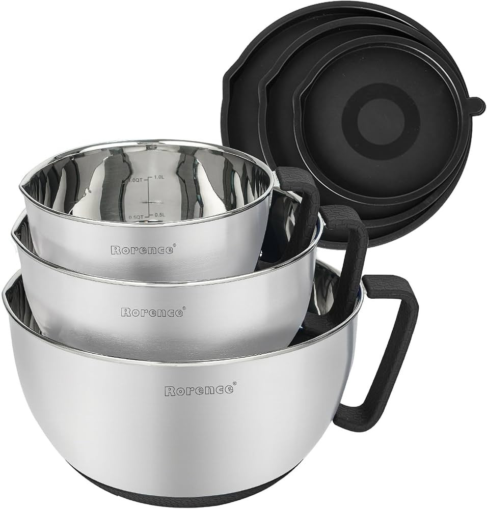 Rorence Stainless Steel Non-Slip Mixing Bowls With Pour Spout, Handle and Lid, Set of 3, Black | Amazon (US)