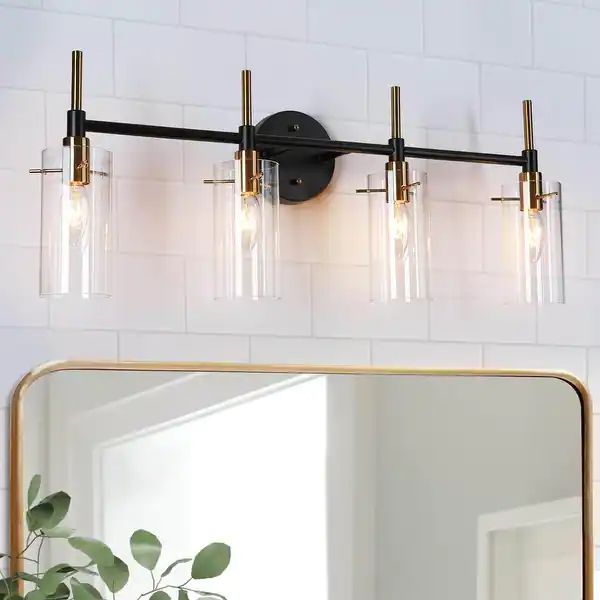 Alva Modern 4-Light Black and Gold Bathroom Vanity Lights Cylinder Glass Wall Lamp - 27.5" L x 6"... | Bed Bath & Beyond