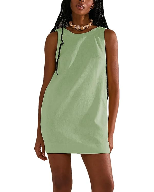 Womens Summer Crew Neck Sleeveless Open Back Dress Casual Beach Sunshine Cotton Linen Mini Dress | Amazon (US)