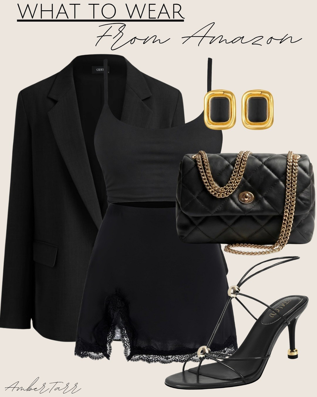 All black date night outfit from Amazon that looks so much more expensive than it is. This oversized black blazer, lace hem mini skirt, and black crop top combination is the perfect going out look for dinner dates, girls night out, or any occasion where you want to feel polished and put together. Styled with a quilted black chain bag, strappy heeled sandals, and gold statement earrings.

#LTKootd #LTKOver40 #LTKgrwm