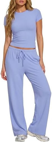 Darong Women's 2 Piece Matching Lounge Set Short Sleeve Side Ruching Top Wide Leg Drawstring Pant... | Amazon (US)