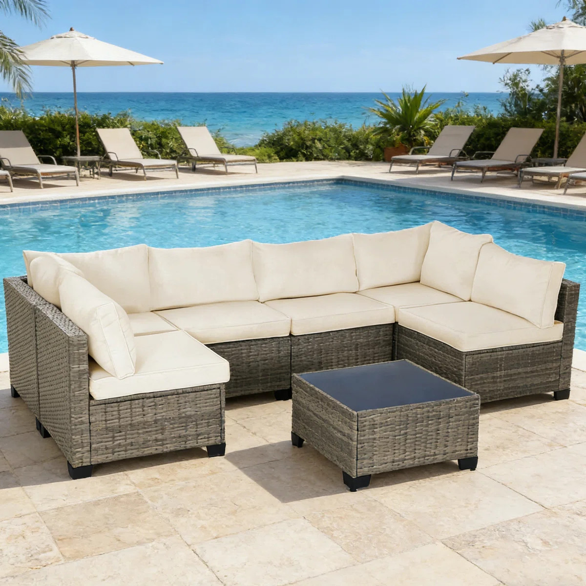 7-Piece Rattan Outdoor Sectional Seating Group with Cushions | Wayfair North America