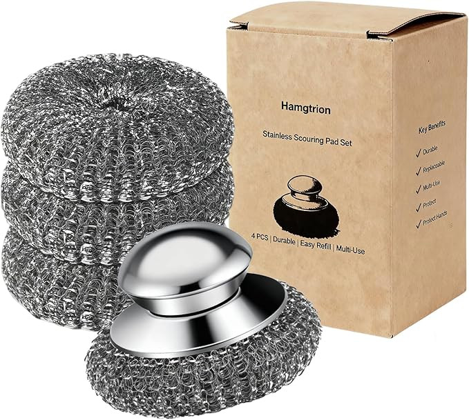 Steel Wool Scrubber, 4-Pack Stainless Steel Scrubber Pads with Handle - The Ultimate Scouring Sol... | Amazon (US)