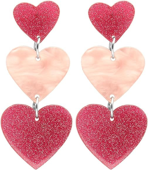 Pink Heart Drop Earrings for Women Red Acrylic Heart Dangle Earrings Cute Love Dangling Heart Ear... | Amazon (US)