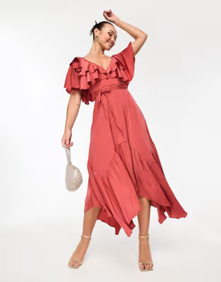 ASOS DESIGN satin v front v back ruffle midi dress in washed satin in rose | ASOS (Global)
