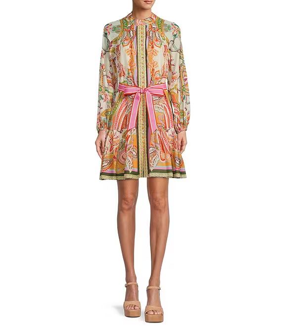 Brynn Pink Scarf Border Print Mock Neck Long Sleeve Self-Tie Belted Tiered Hem Button Front Dress | Dillard's