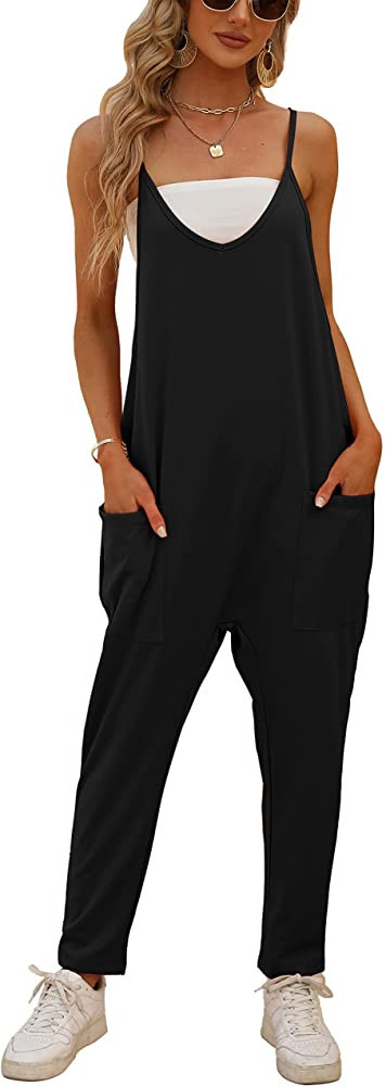 SeekMe Women's Loose V Neck Jumpsuits Sleeveless Spaghetti Strap Long Pants Harem Overalls with P... | Amazon (US)
