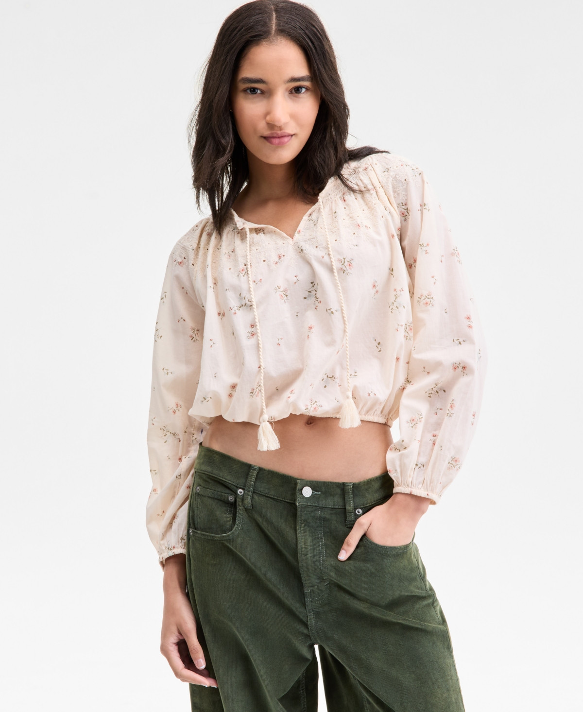Lucky Brand Women's Embroidered Smocked Peasant Top - Cream Multi | Macy's