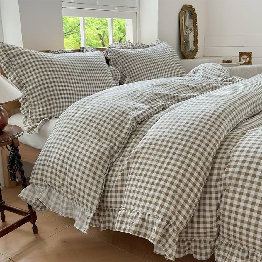 NSNLGSGC Tan Gingham Ruffle Duvet Cover King Size, 3 Pieces Taupe Soft Pre-Washed Microfiber Chec... | Amazon (US)
