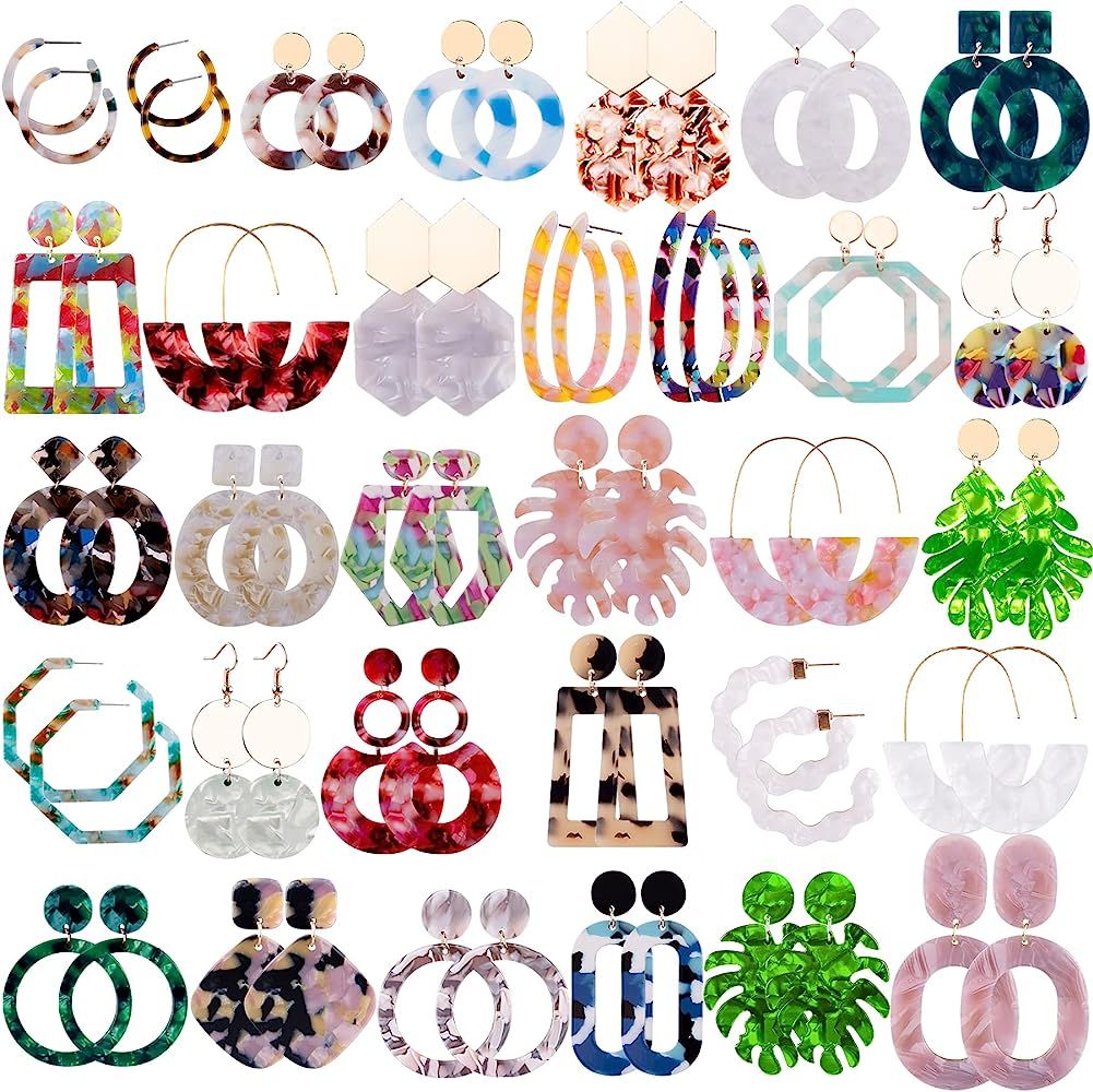 Duufin 32 Pairs Acrylic Earrings Bulk Statement Earrings for Women Acrylic Hoop Earring Mottled Resi | Amazon (US)