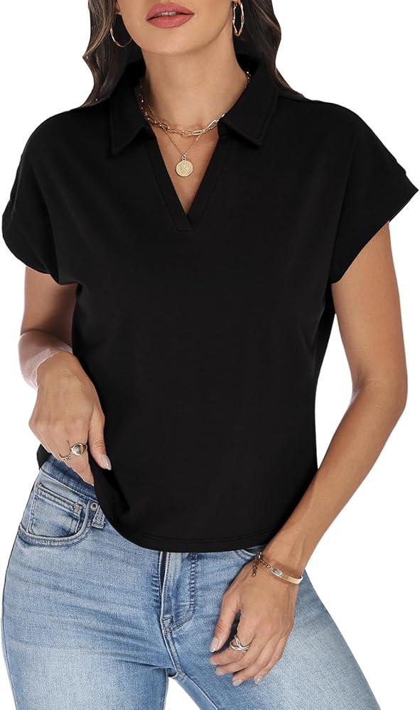 Women's Cap Sleeve Crop Tops Collared V Neck T Shirts Boxy Short Sleeve Polo Shirts Summer Basic ... | Amazon (US)
