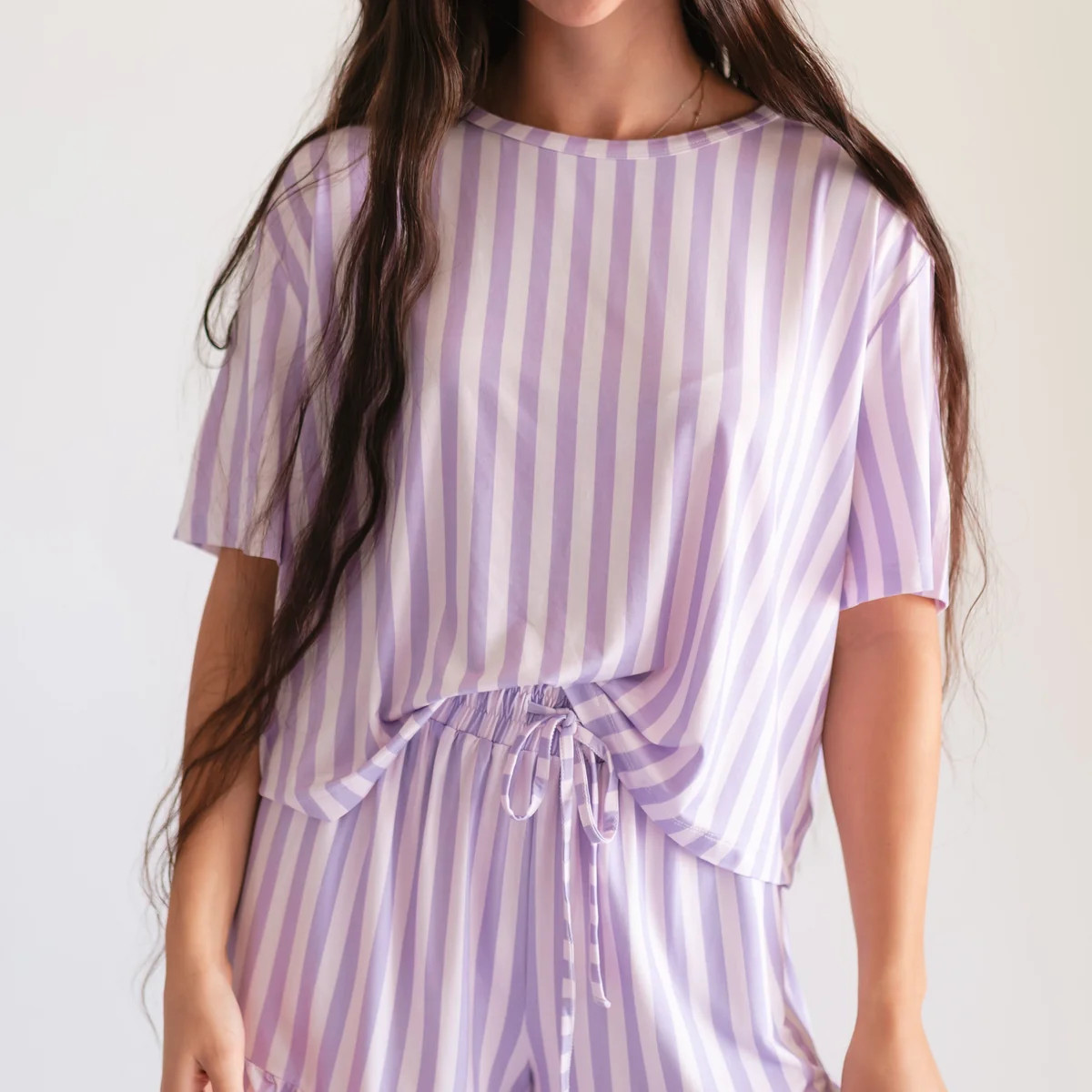 Women's Ruffle Short Set in Purple Stripes | Silks Design