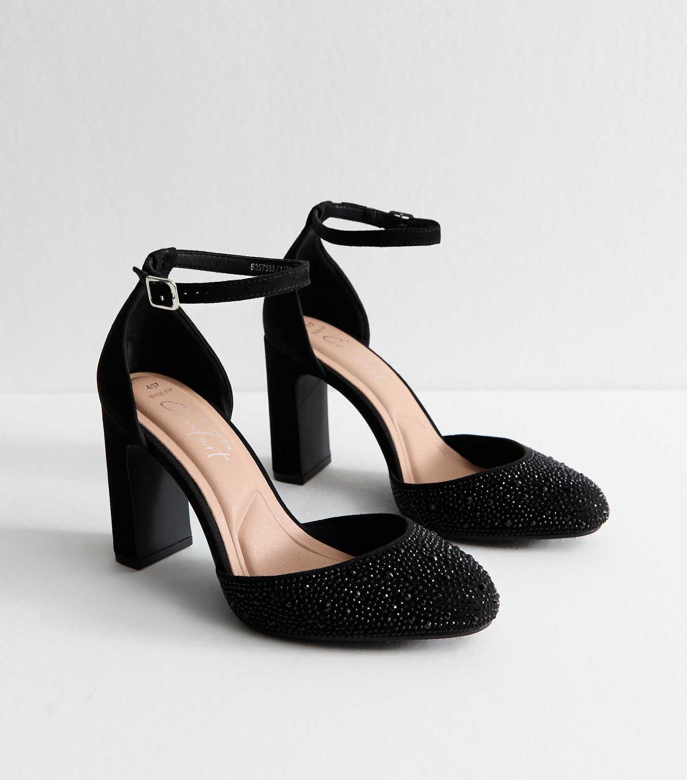 Wide Fit Black Faux Suede Gem Embellished Block Heels Sandals | New Look | New Look (UK)