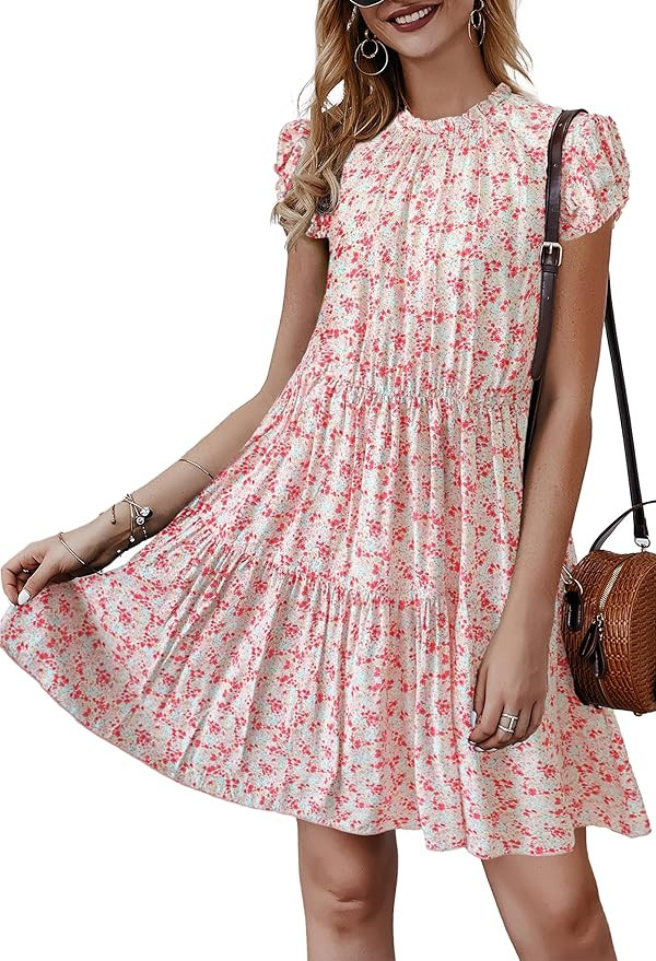 KIRUNDO 2023 Women's Summer Dress Sleeveless Ruffle Sleeve Round Neck Mini Dress Solid Loose Shor... | Amazon (US)