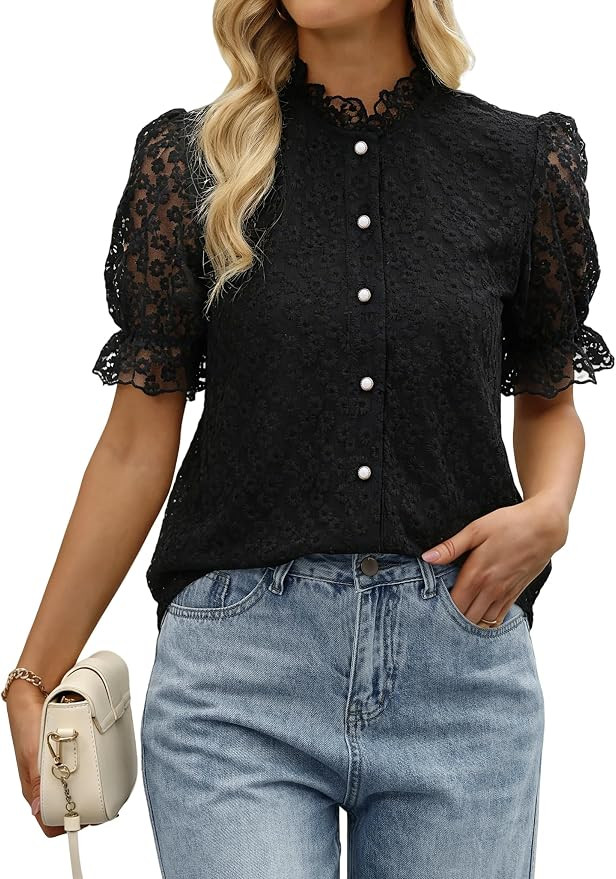 Womens Lace Tops Floral Embroidery Eyelet Casual Boho Summer Blouses | Short Puff Sleeve；Lace M... | Amazon (US)