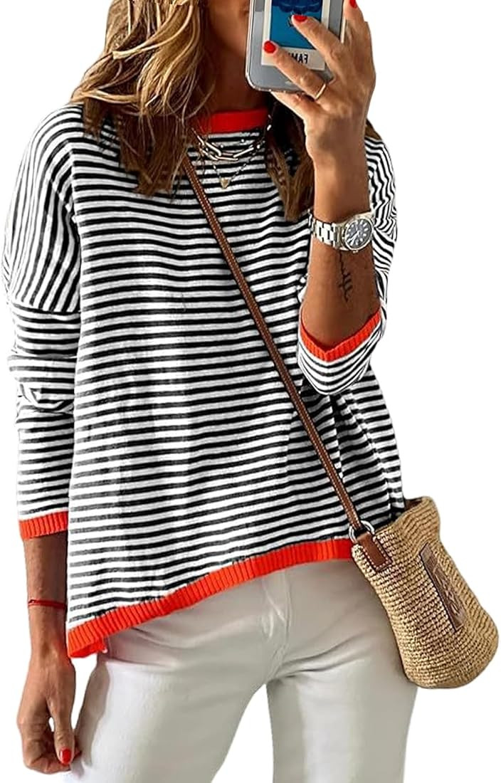 Arssm Women Striped Sweater Fall Knit Color Block Crew Neck Black and White Cotton Lightweight Pu... | Amazon (US)
