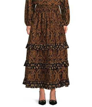 A Loves A Damask Print Voile High Rise Ruched Tiered Ruffle Flounce Maxi Coordinating Skirt | Dil... | Dillard's