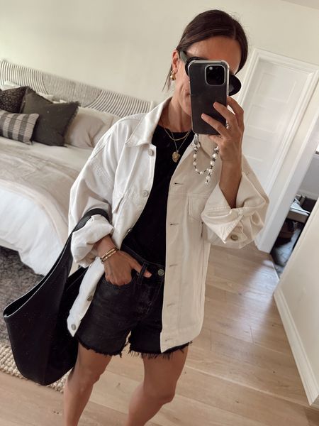 Easy spring outfit- black and white spring outfit 
Jacket is an oversized fit- wearing an Xs 
Shorts are tts 

#LTKover40