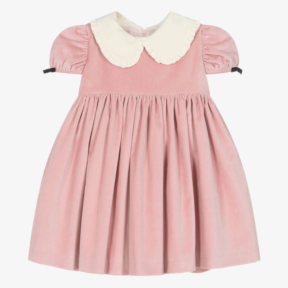 Girls Pink Velvet Collared Dress | Childrensalon
