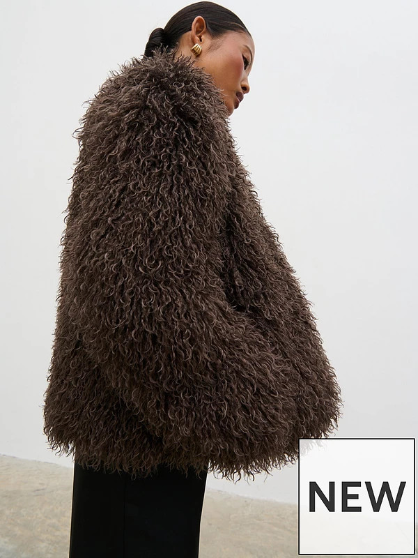 Pretty Lavish Irie Crew Neck Fur Jacket - Brown | Very (UK)