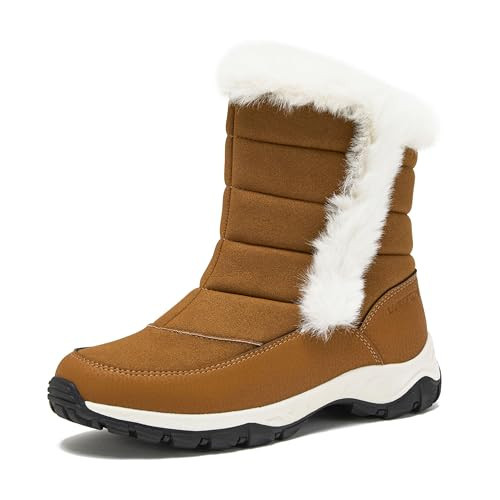 Lands' End Expedition Slip On Insulated Waterproof Winter Boots for Women, Puffer Fur Trimmed Hook & Loop Womens Boots, Medium or Wide Width Sizes 6 to 11, Black, Brown or White - Tan, 9.5 Medium | Amazon (US)