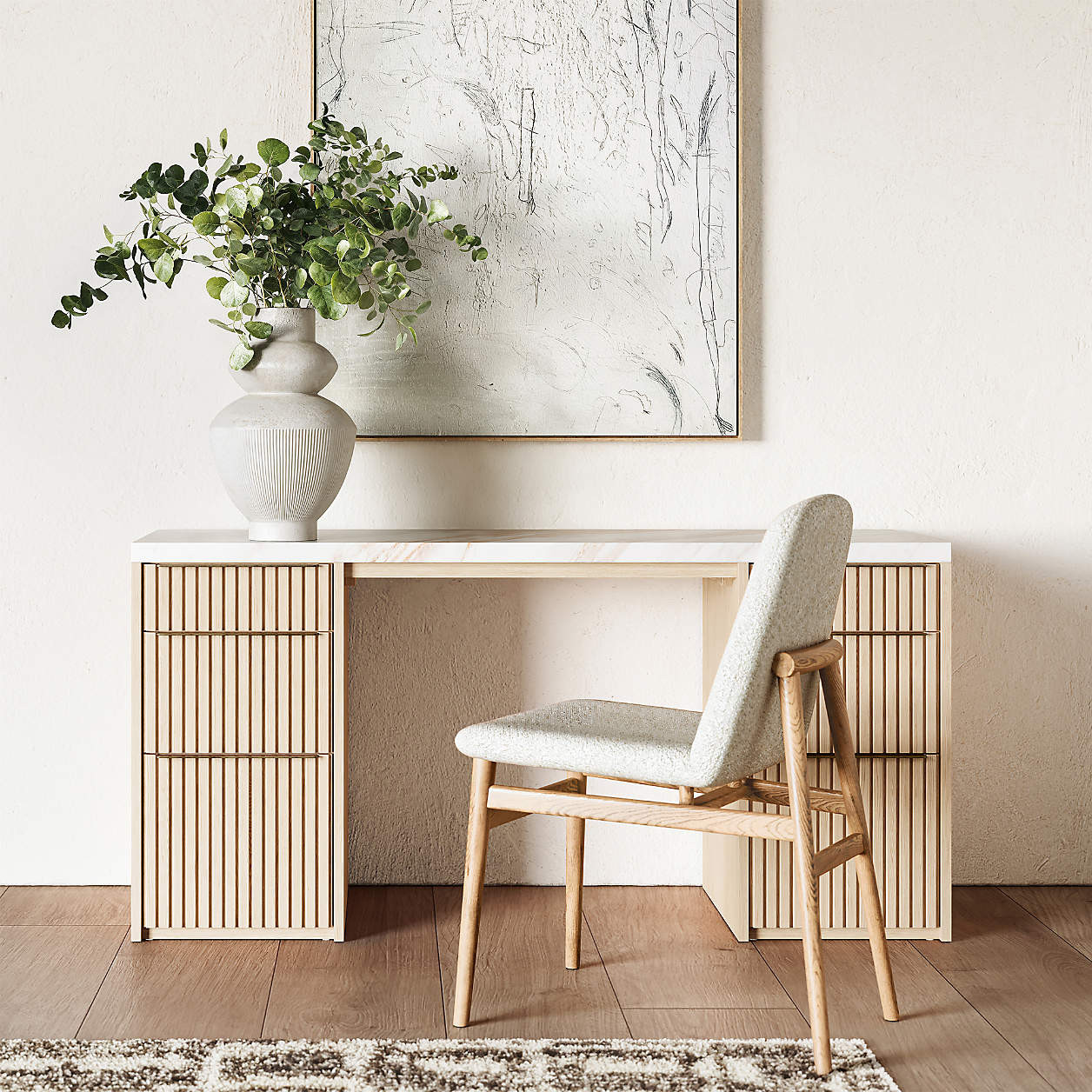 Batten 62" White Oak Wood Console Desk with White Marble Top + Reviews | Crate & Barrel | Crate & Barrel