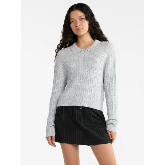 No Boundaries Cable Knit Collared Pullover, Women's | Walmart (US)