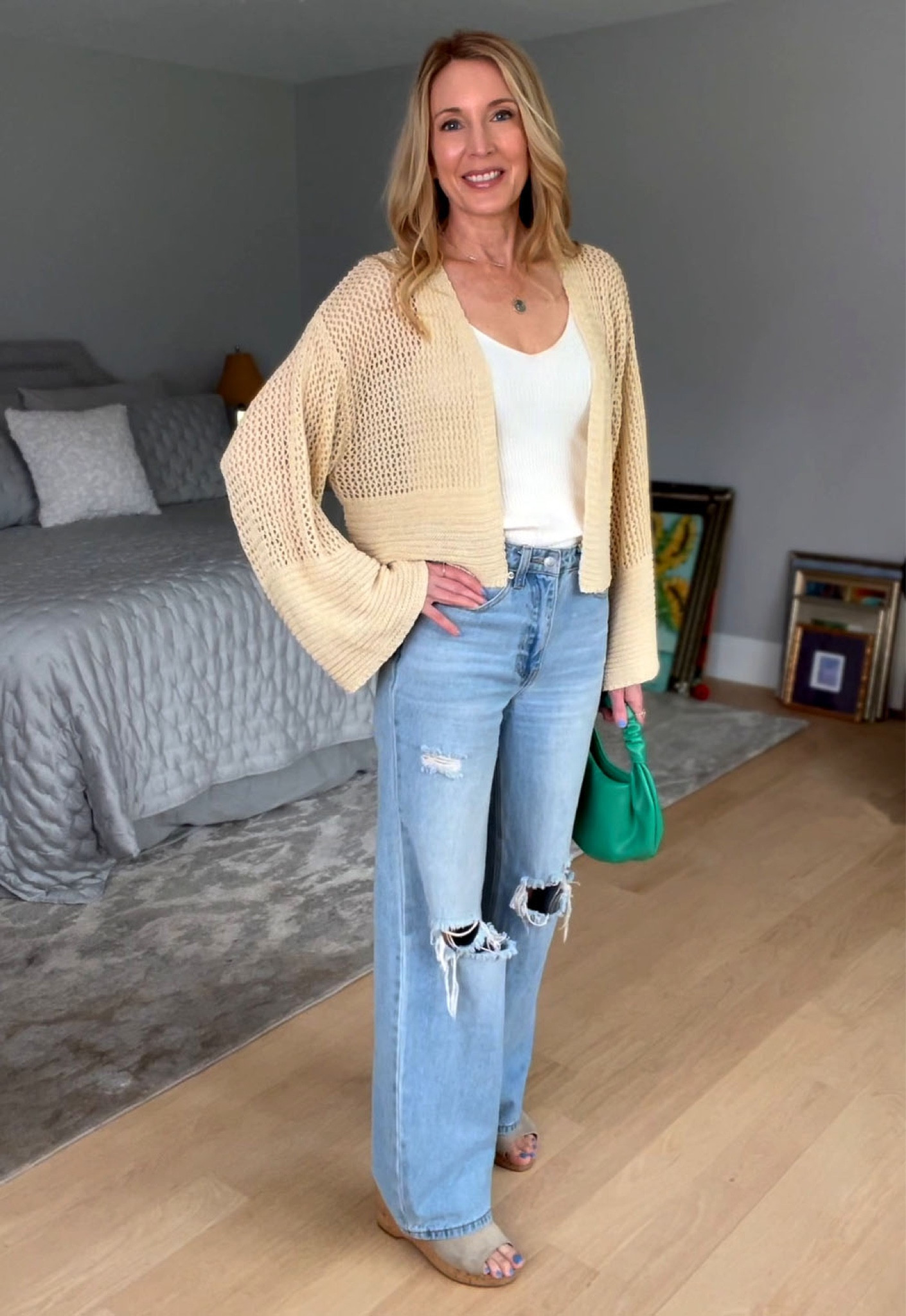 Summer Outfit
Crochet Sweater Cardigan 
Wide Leg Jeans
70s Vibe

#LTKSeasonal #LTKxAnthro