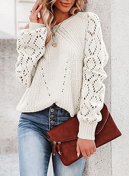 SHEWIN Women's Casual Long Sleeve Crewneck Crochet Sweater Lightweight Knit Pullover Sweaters Top... | Amazon (US)