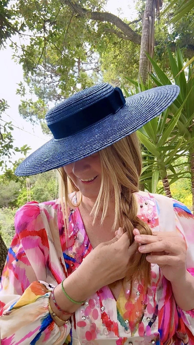 Navy Blue Wide Brim Canotier - Canotier "plat" Bleu Marine à Long Bord - Wide-brimmed and Flat C... | Etsy (UK)