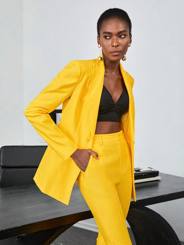 SHEIN BIZwear Lapel Neck Flap Detail Blazer & Flare Leg Pants | SHEIN