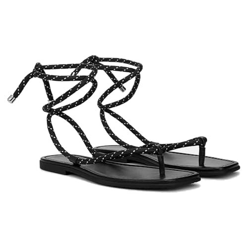 RJYLP Rope Flat Sandals for Women Strappy Open Toe Thong Sandals Summer Slingback Slip On Slide Sandals with Adjustable Strap | Amazon (US)