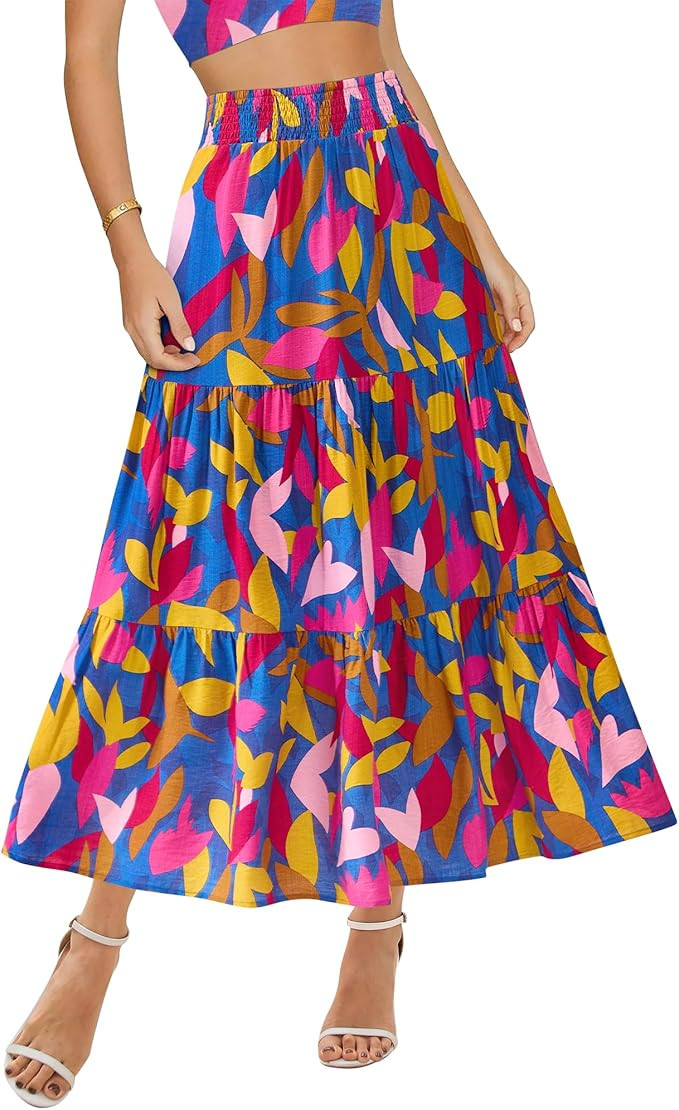 BTFBM Women's Floral Print Midi Maxi Skirts 2025 Summer Casual Aline Elastic High Waist Pleated F... | Amazon (US)