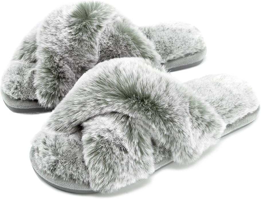 Cozyfurry Women's Fuzzy Slippers Cross Band Soft Plush Cozy House Shoes Furry Open Toe Indoor or ... | Amazon (US)
