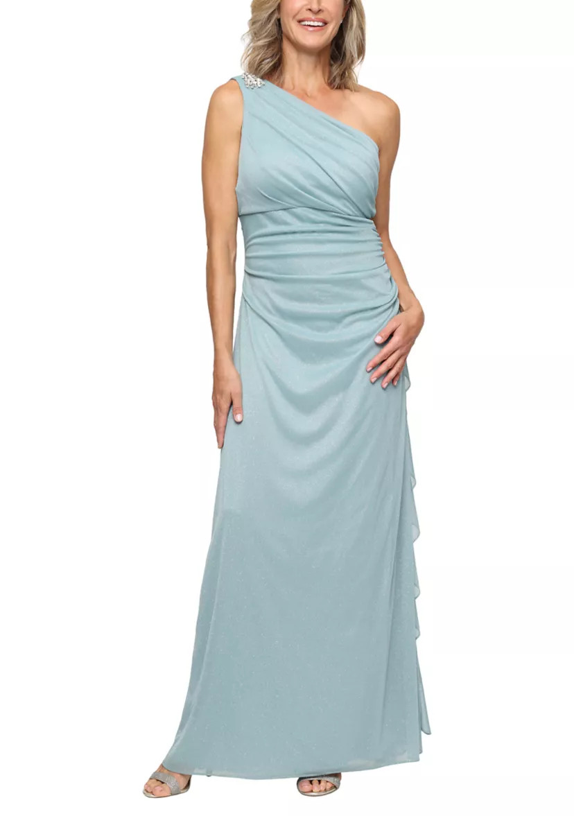 Women's One Shoulder Glitter Mesh Gown | Belk