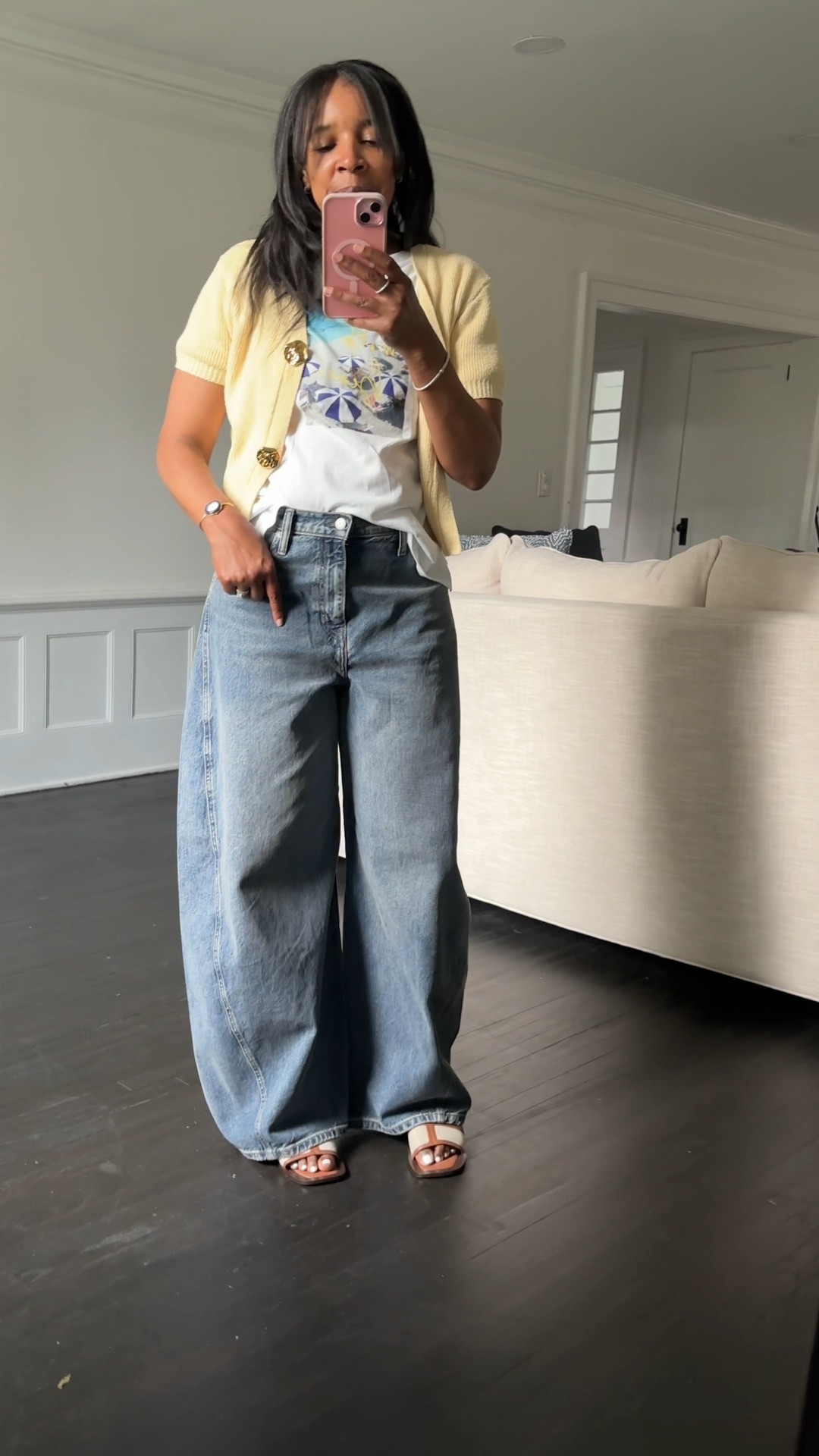 Denim barrel jeans graphic tshirt yellow cardigan casual spring outfit #style #denim #jeans #fashion #nyc #casual #workwear 

#LTKOver40 #LTKWorkwear #LTKootd