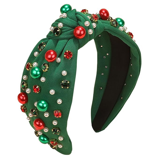 Christmas Headband for Women Pearl Knotted Headband Xmas Red Green Pearl Rhinestone Crystal Jewel... | Amazon (US)