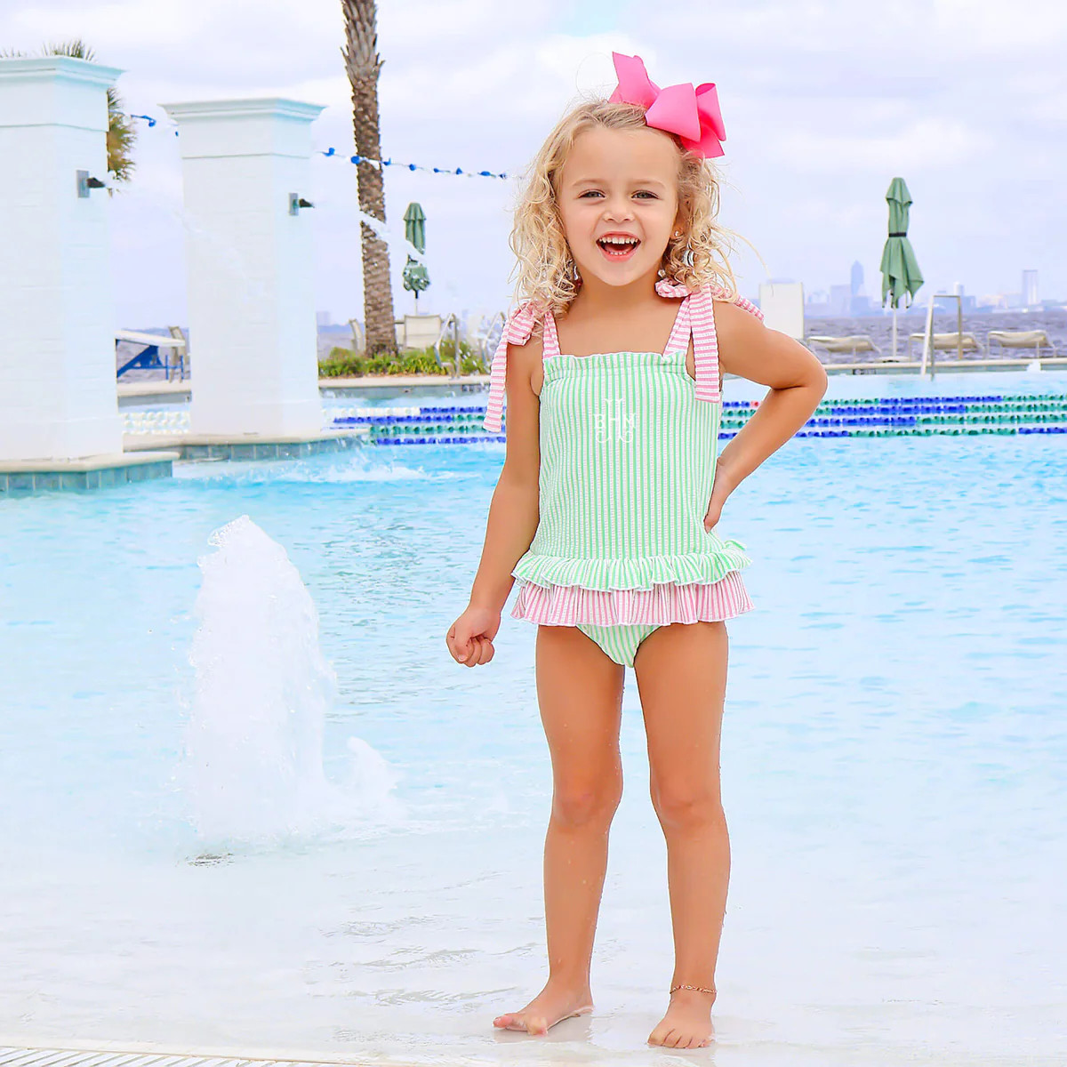 Santorini Green & Pink Stripe One Piece Swimsuit | Classic Whimsy