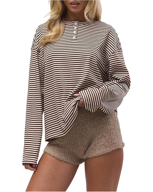 GORGLITTER Women's Striped Long Sleeve Tee Shirt Y2k Oversized Half Button Drop Shoulder Loose Te... | Amazon (US)